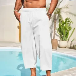 Hot OUKU Men's Linen Pants Capri Pants Trousers Summer Pants Beach Pants Pocket Elastic Waist Plain Comfort Breathable Vacation Daily Holiday Hawaiian Boho ArmyGreen Black