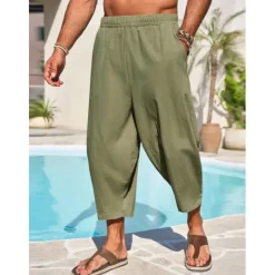 Hot OUKU Men's Linen Pants Capri Pants Trousers Summer Pants Beach Pants Pocket Elastic Waist Plain Comfort Breathable Vacation Daily Holiday Hawaiian Boho ArmyGreen Black