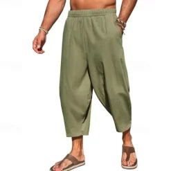 Hot OUKU Men's Linen Pants Capri Pants Trousers Summer Pants Beach Pants Pocket Elastic Waist Plain Comfort Breathable Vacation Daily Holiday Hawaiian Boho ArmyGreen Black