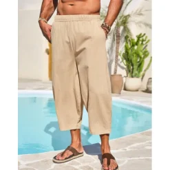 Hot OUKU Men's Linen Pants Capri Pants Trousers Summer Pants Beach Pants Pocket Elastic Waist Plain Comfort Breathable Vacation Daily Holiday Hawaiian Boho ArmyGreen Black