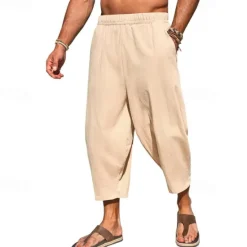 Hot OUKU Men's Linen Pants Capri Pants Trousers Summer Pants Beach Pants Pocket Elastic Waist Plain Comfort Breathable Vacation Daily Holiday Hawaiian Boho ArmyGreen Black