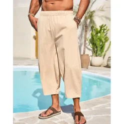 Hot OUKU Men's Linen Pants Capri Pants Trousers Summer Pants Beach Pants Pocket Elastic Waist Plain Comfort Breathable Vacation Daily Holiday Hawaiian Boho ArmyGreen Black