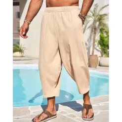 Hot OUKU Men's Linen Pants Capri Pants Trousers Summer Pants Beach Pants Pocket Elastic Waist Plain Comfort Breathable Vacation Daily Holiday Hawaiian Boho ArmyGreen Black