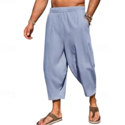 Hot OUKU Men's Linen Pants Capri Pants Trousers Summer Pants Beach Pants Pocket Elastic Waist Plain Comfort Breathable Vacation Daily Holiday Hawaiian Boho ArmyGreen Black
