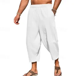 Hot OUKU Men's Linen Pants Capri Pants Trousers Summer Pants Beach Pants Pocket Elastic Waist Plain Comfort Breathable Vacation Daily Holiday Hawaiian Boho ArmyGreen Black