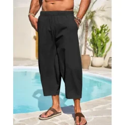 Hot OUKU Men's Linen Pants Capri Pants Trousers Summer Pants Beach Pants Pocket Elastic Waist Plain Comfort Breathable Vacation Daily Holiday Hawaiian Boho ArmyGreen Black