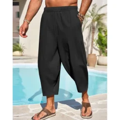 Hot OUKU Men's Linen Pants Capri Pants Trousers Summer Pants Beach Pants Pocket Elastic Waist Plain Comfort Breathable Vacation Daily Holiday Hawaiian Boho ArmyGreen Black