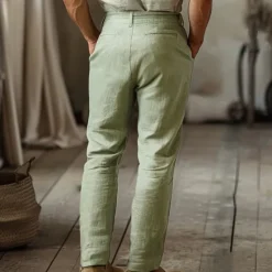 New OUKU Men's Linen Pants Chinos Solid Color Full Length Wedding Party Outdoor Elegant Vacation Black White Micro-elastic