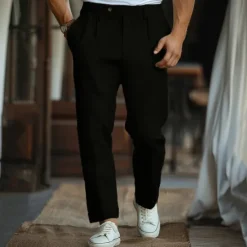 New OUKU Men's Linen Pants Chinos Solid Color Full Length Wedding Party Outdoor Elegant Vacation Black White Micro-elastic