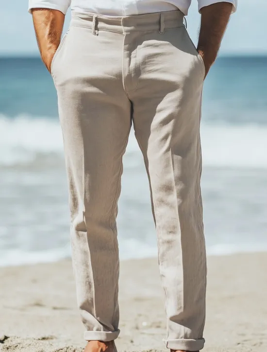 Discount OUKU Men's Linen Pants Dress Pants Summer Trousers Straight Leg Plain Breathable Casual Daily Holiday Standard Fit Khaki Beige