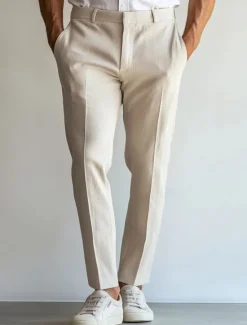 OUKU Men's Linen Pants Dress Pants Summer Straight Leg Plain Breathable Casual Holiday Fashion Sky Blue Light Grey Beige