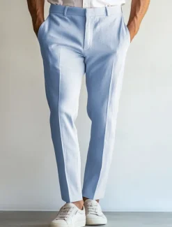 OUKU Men's Linen Pants Dress Pants Summer Straight Leg Plain Breathable Casual Holiday Fashion Sky Blue Light Grey Beige