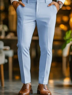 Hot OUKU Men's Linen Pants Dress Pants Trousers Summer Straight Leg Plain Comfort Breathable Casual Daily Standard Fit Sky Blue Beige