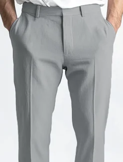 Sale OUKU Men's Linen Pants Dress Pants Summer Trousers Straight Leg Plain Breathable Casual Daily Standard Fit Black White Blue