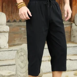 Outlet OUKU Men's Linen Pants Summer Pants Beach Pants Pocket Drawstring Elastic Waist Plain Comfort Breathable Calf-Length Vacation Daily Holiday Hawaiian Boho Black White