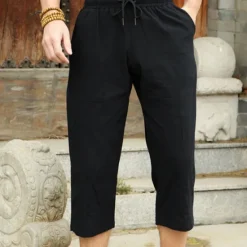 Outlet OUKU Men's Linen Pants Summer Pants Beach Pants Pocket Drawstring Elastic Waist Plain Comfort Breathable Calf-Length Vacation Daily Holiday Hawaiian Boho Black White