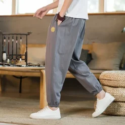 Best OUKU Men's Linen Pants Summer Pants Casual Pants Embroidered Solid Color Comfort Breathable Full Length Daily Casual Loose Fit Deep Blue Grey Inelastic