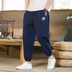 Best OUKU Men's Linen Pants Summer Pants Casual Pants Embroidered Solid Color Comfort Breathable Full Length Daily Casual Loose Fit Deep Blue Grey Inelastic