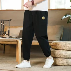 Best OUKU Men's Linen Pants Summer Pants Casual Pants Embroidered Solid Color Comfort Breathable Full Length Daily Casual Loose Fit Deep Blue Grey Inelastic