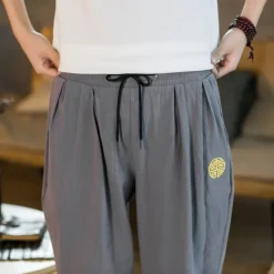 Best OUKU Men's Linen Pants Summer Pants Casual Pants Embroidered Solid Color Comfort Breathable Full Length Daily Casual Loose Fit Deep Blue Grey Inelastic