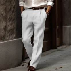 New OUKU Men's Linen Pants Summer Pants Buttons Front Pocket Straight Leg Plain Comfort Breathable Casual Daily Holiday Fashion Basic Black White