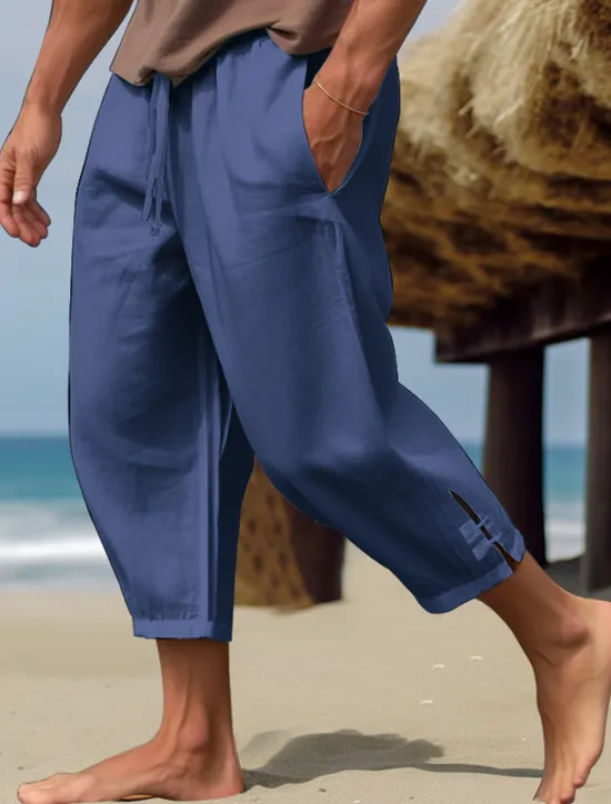 Discount OUKU Men's Linen Pants Summer Pants Cropped Pants Beach Pants Drawstring Elastic Waist Plain Comfort Breathable Calf-Length Casual Daily Holiday Fashion Classic Style Black White
