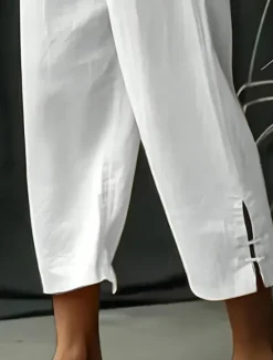 Discount OUKU Men's Linen Pants Summer Pants Cropped Pants Beach Pants Drawstring Elastic Waist Plain Comfort Breathable Calf-Length Casual Daily Holiday Fashion Classic Style Black White