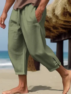 Discount OUKU Men's Linen Pants Summer Pants Cropped Pants Beach Pants Drawstring Elastic Waist Plain Comfort Breathable Calf-Length Casual Daily Holiday Fashion Classic Style Black White