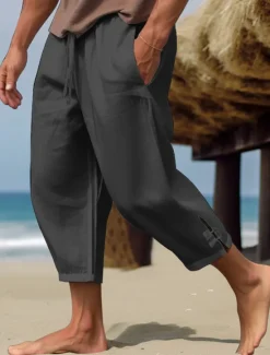 Discount OUKU Men's Linen Pants Summer Pants Cropped Pants Beach Pants Drawstring Elastic Waist Plain Comfort Breathable Calf-Length Casual Daily Holiday Fashion Classic Style Black White