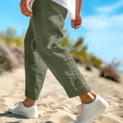 Sale OUKU Men's Linen Pants Summer Pants Cropped Pants Beach Pants Drawstring Elastic Waist Plain Comfort Breathable Calf-Length Casual Daily Holiday Fashion Classic Style Black White