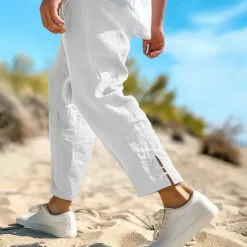 Sale OUKU Men's Linen Pants Summer Pants Cropped Pants Beach Pants Drawstring Elastic Waist Plain Comfort Breathable Calf-Length Casual Daily Holiday Fashion Classic Style Black White