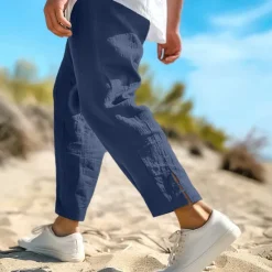 Sale OUKU Men's Linen Pants Summer Pants Cropped Pants Beach Pants Drawstring Elastic Waist Plain Comfort Breathable Calf-Length Casual Daily Holiday Fashion Classic Style Black White