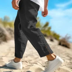 Sale OUKU Men's Linen Pants Summer Pants Cropped Pants Beach Pants Drawstring Elastic Waist Plain Comfort Breathable Calf-Length Casual Daily Holiday Fashion Classic Style Black White