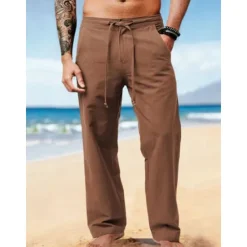 Clearance OUKU Men's Linen Pants Trousers Summer Pants Beach Pants Plain Breathable Soft Casual Daily Holiday Fashion Streetwear Inelastic Brown