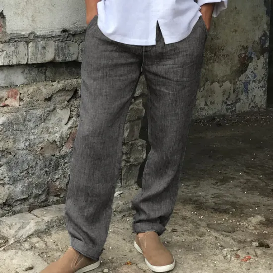 Discount OUKU Men's Linen Pants Trousers Summer Pants Beach Pants Drawstring Elastic Waist Straight Leg Plain Comfort Breathable Casual Daily Holiday Streetwear Designer Gray