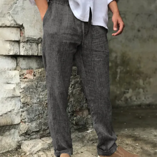Discount OUKU Men's Linen Pants Trousers Summer Pants Beach Pants Drawstring Elastic Waist Straight Leg Plain Comfort Breathable Casual Daily Holiday Streetwear Designer Gray