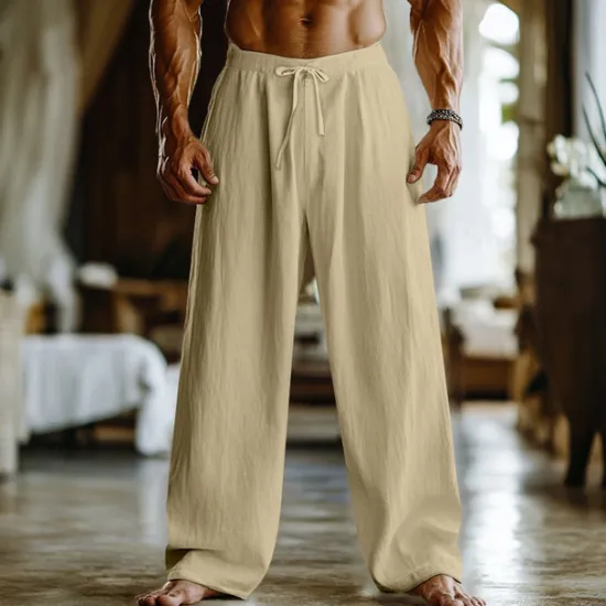 Online OUKU Men's Linen Pants Trousers Summer Pants Baggy Pants Drawstring Elastic Waist Straight Leg Plain Comfort Breathable Full Length Home Yoga Holiday Fashion Streetwear Black White