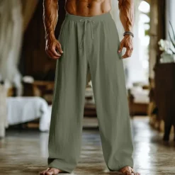 Online OUKU Men's Linen Pants Trousers Summer Pants Baggy Pants Drawstring Elastic Waist Straight Leg Plain Comfort Breathable Full Length Home Yoga Holiday Fashion Streetwear Black White