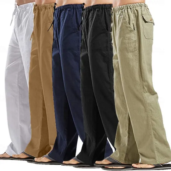 Clearance OUKU Men's Linen Pants Trousers Summer Pants Beach Pants Pocket Drawstring Elastic Waistband Plain Comfort Breathable Full Length Daily Streetwear Fashion Casual / Sporty Loose Fit Dark Khaki Black