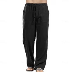 Clearance OUKU Men's Linen Pants Trousers Summer Pants Beach Pants Pocket Drawstring Elastic Waistband Plain Comfort Breathable Full Length Daily Streetwear Fashion Casual / Sporty Loose Fit Dark Khaki Black
