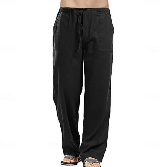 Clearance OUKU Men's Linen Pants Trousers Summer Pants Beach Pants Pocket Drawstring Elastic Waistband Plain Comfort Breathable Full Length Daily Streetwear Fashion Casual / Sporty Loose Fit Dark Khaki Black