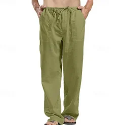 Clearance OUKU Men's Linen Pants Trousers Summer Pants Beach Pants Pocket Drawstring Elastic Waistband Plain Comfort Breathable Full Length Daily Streetwear Fashion Casual / Sporty Loose Fit Dark Khaki Black