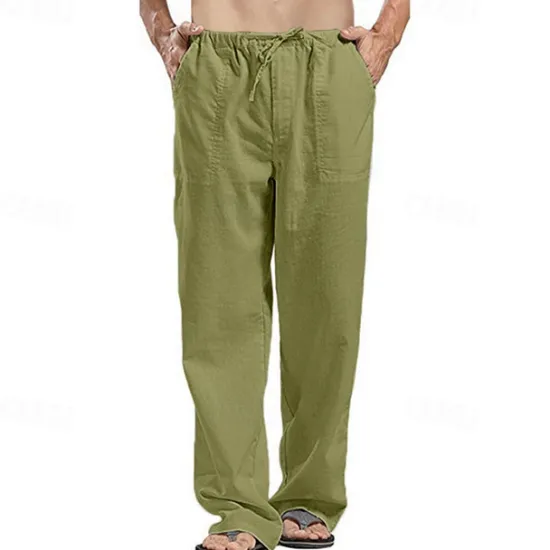 Clearance OUKU Men's Linen Pants Trousers Summer Pants Beach Pants Pocket Drawstring Elastic Waistband Plain Comfort Breathable Full Length Daily Streetwear Fashion Casual / Sporty Loose Fit Dark Khaki Black