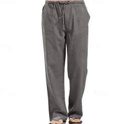 Clearance OUKU Men's Linen Pants Trousers Summer Pants Beach Pants Pocket Drawstring Elastic Waistband Plain Comfort Breathable Full Length Daily Streetwear Fashion Casual / Sporty Loose Fit Dark Khaki Black