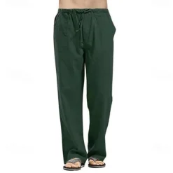 Clearance OUKU Men's Linen Pants Trousers Summer Pants Beach Pants Pocket Drawstring Elastic Waistband Plain Comfort Breathable Full Length Daily Streetwear Fashion Casual / Sporty Loose Fit Dark Khaki Black