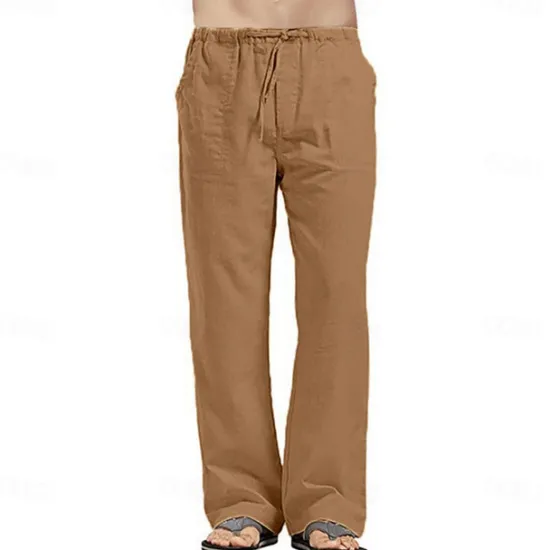 Clearance OUKU Men's Linen Pants Trousers Summer Pants Beach Pants Pocket Drawstring Elastic Waistband Plain Comfort Breathable Full Length Daily Streetwear Fashion Casual / Sporty Loose Fit Dark Khaki Black