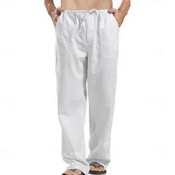 Clearance OUKU Men's Linen Pants Trousers Summer Pants Beach Pants Pocket Drawstring Elastic Waistband Plain Comfort Breathable Full Length Daily Streetwear Fashion Casual / Sporty Loose Fit Dark Khaki Black