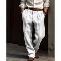 Online OUKU Men's Linen Pants Trousers Summer Pants Pleated Pants Dress Slacks Front Pocket Straight Leg Plain Comfort Breathable Casual Daily Holiday Fashion Basic Black White