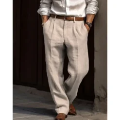 Online OUKU Men's Linen Pants Trousers Summer Pants Pleated Pants Dress Slacks Front Pocket Straight Leg Plain Comfort Breathable Casual Daily Holiday Fashion Basic Black White