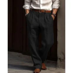 Online OUKU Men's Linen Pants Trousers Summer Pants Pleated Pants Dress Slacks Front Pocket Straight Leg Plain Comfort Breathable Casual Daily Holiday Fashion Basic Black White